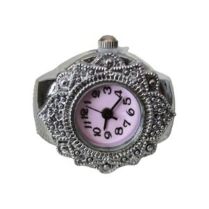 Ornate silver watch with a pink dial and beaded bezel, crown at top.