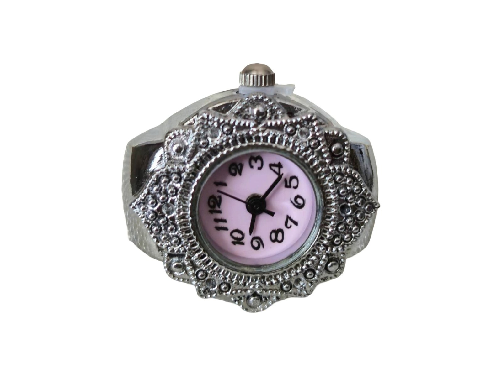 Ornate silver watch with a pink dial and beaded bezel, crown at top.