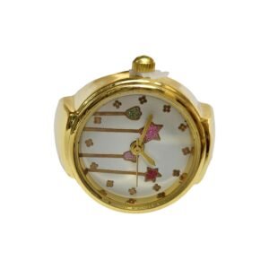 Gold-tone wristwatch with a white dial featuring decorative star and flower markers, viewed from above.