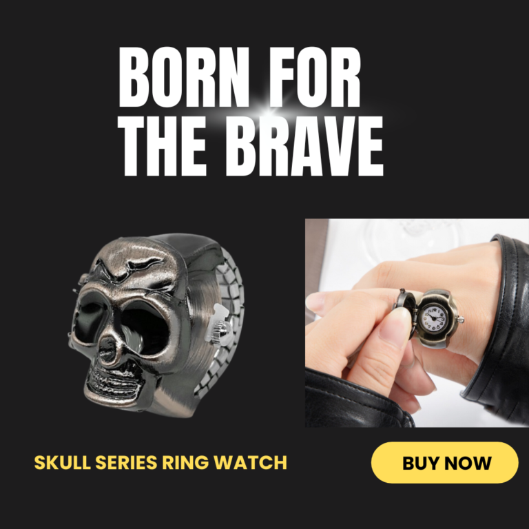 Bold ad banner for Skull Series Ring Watch featuring a metallic skull ring on the left and a small wristwatch being worn on the right on a dark background.
